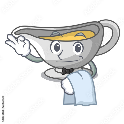Waiter cartoon sauce boat with turkey gravy