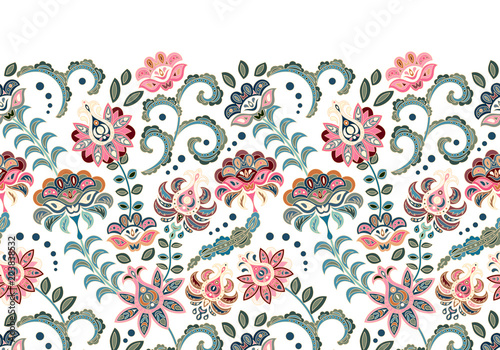 Fototapeta Naklejka Na Ścianę i Meble -  Vintage flowers seamless border in asian style. Vector blue pink pattern on white.