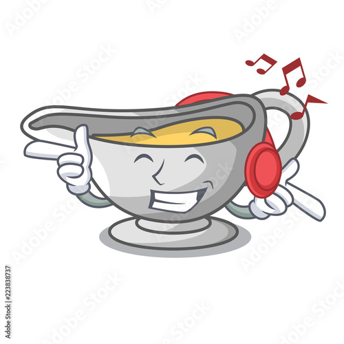 Listening music cartoon sauce boat with turkey gravy