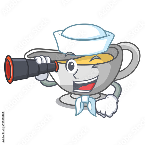 Sailor with binocular cartoon sauce boat with turkey gravy