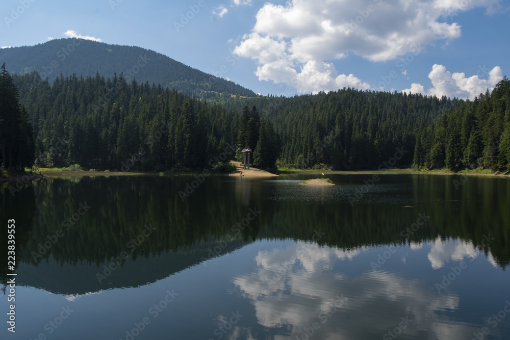 Synevir high altitude lake and forest is reflected in calm water at summer day