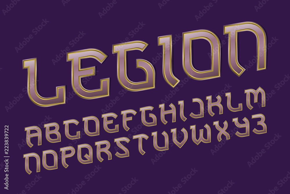 Legion pink golden alphabet. Gaming stylized font. Isolated english alphabet.