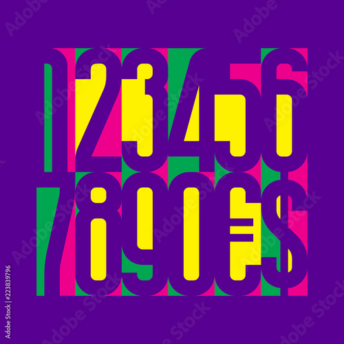 Montage colorful numbers with currency signs of dollar and euro.