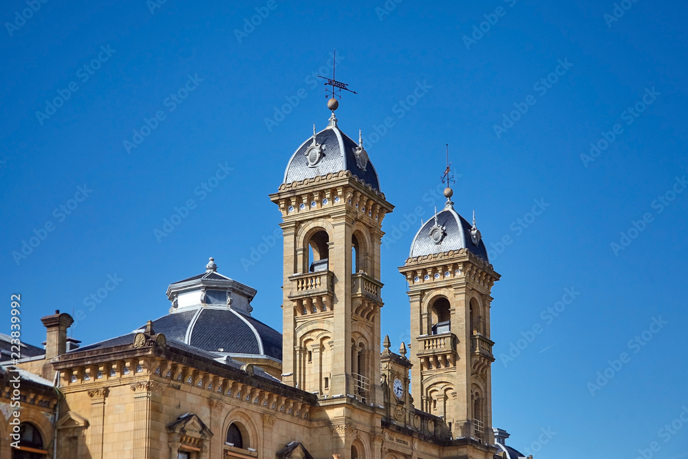 San Sebastian (Donostia), Basque country, Spain: Fragment of the facade of The City Hall building. The roof and two towers