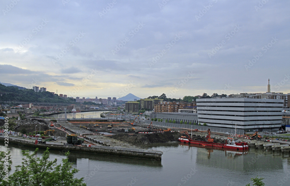 view of artificial peninsula Zorrozaurrein in Bilbao