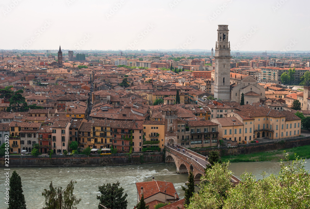 Panoramic cityscape of Verona, Veneto, Italy. View of the River Adige, Ponte Pietra Bridge, Complesso della Cattedrale-Duomo