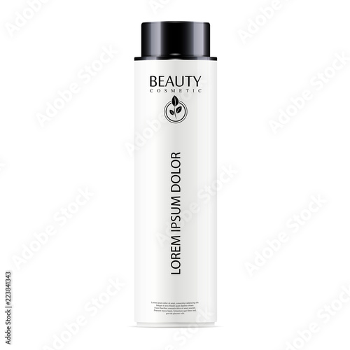 White cosmetic bottle for facial toner, hair shampoo or shower gel. Vector design template. Cosmetics packaging mockup. Realistic 3d illustration.