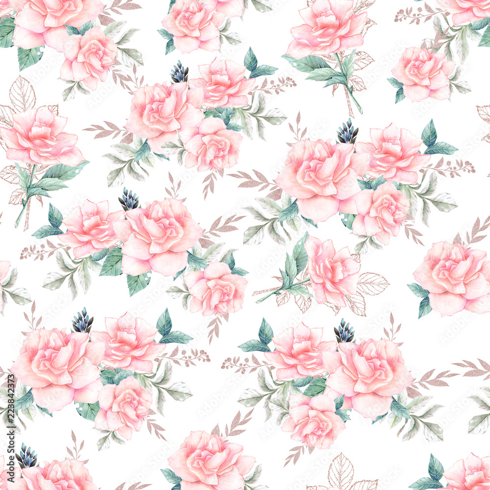 Beautiful watercolor pattern with peony and rose flowers. Pattern with