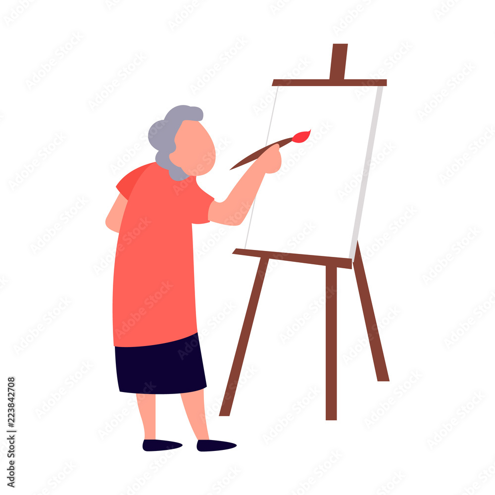 Old woman paints on canvas. Art therapy studio for the elderly concept. Recreation and leisure senior activities vector flat illustration