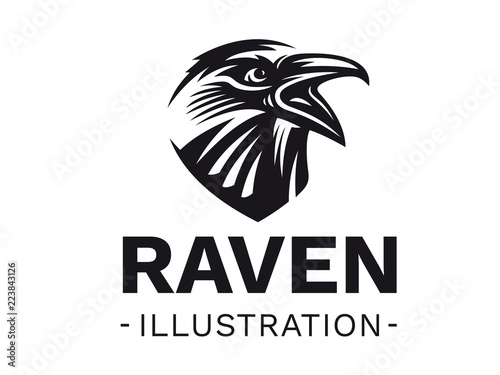 Raven bird head - vector illustration, logo, emblem black and white, one color.