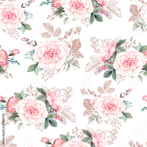 Beautiful watercolor pattern with peony and rose flowers. Pattern with