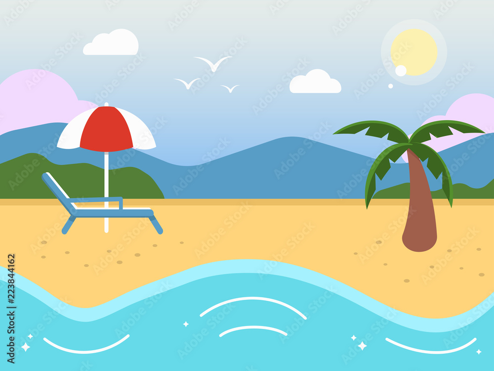 Summer tropical beach background.  Vacation and travel concept. Flat style vector illustration.
