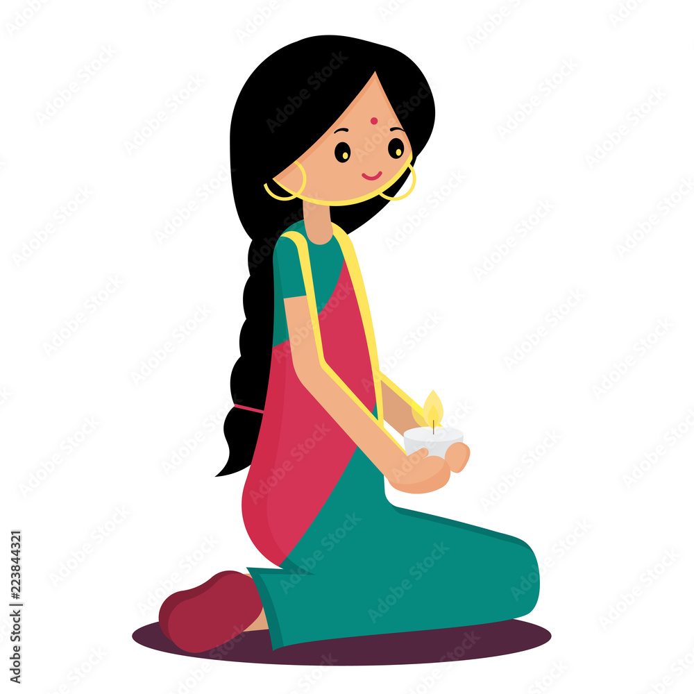 Indian woman holding a candle in her hands. Diwali festival. Isolated on white background. Flat vector illustration. Indian woman holding a candle in her hands. Diwali festival. Isolated on white background. Flat vector illustration.