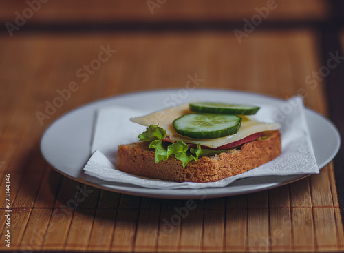 one sandwich with sausage cheese and cucumber is on a white plate. soft focus. macro mode