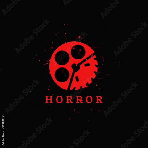 Horror movie logo concept with red blood and dark background. Saw and film scary circle icon.