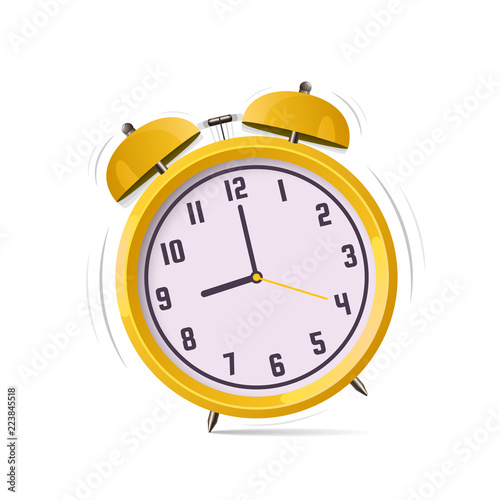 Alarm clock vector logo. Flat design illustration. Wake up ringing icon. Cartoon retro deadline concept