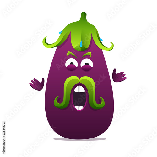 Angry screaming eggplant character. Vector illustration for recipe, article, cook book, advertising. Cartoon disturbance sweats funny vegetable