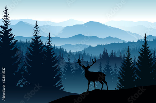 Vector blue landscape with silhouettes of misty mountains, forests and deer