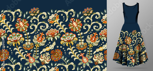 Vector seamless pattern with pastel orange flowers ornament on dark blue background, hand drawn texture for clothes, bedclothes, invitation, card design etc.