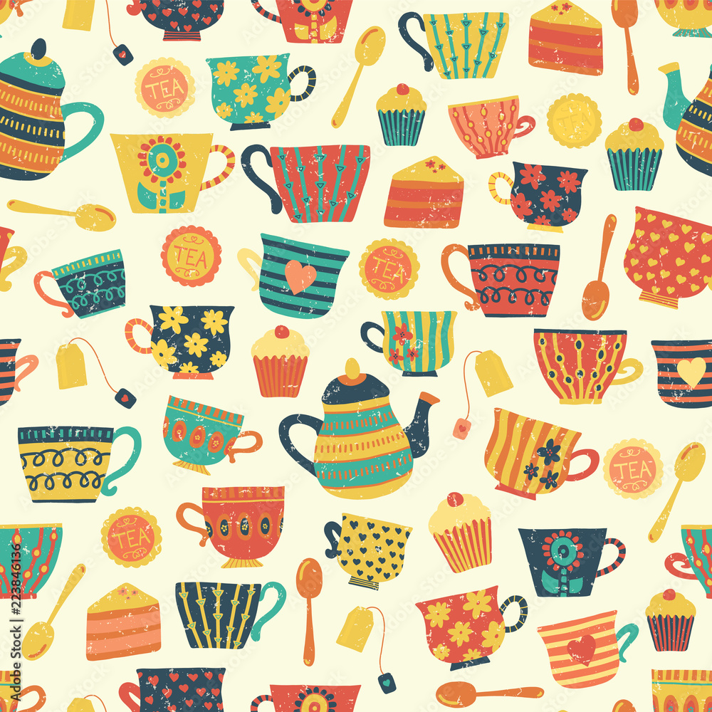 Seamless retro tea cup vector pattern background beige. Distressed vintage look. Hand drawn tea mugs, teapot, spoons, cupcake. For paper, packaging, fabric, menu, cafe, bakery, tea party, card, winter