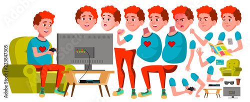 Teen Boy Vector. Animation Creation Set. Face Emotions, Gestures. Fun, Cheerful. Red Head. Fat Gamer. Animated. For Card, Advertisement, Greeting Design. Isolated Cartoon Illustration