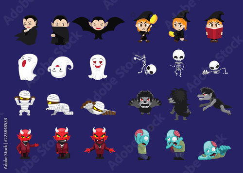 Halloween Character Three Poses Cartoon Vector Illustration