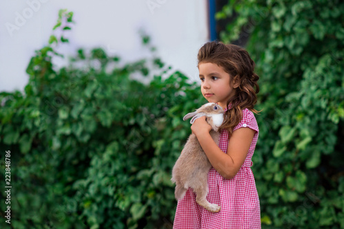 Girl is holding a cute little rabbit, outdoor shoot