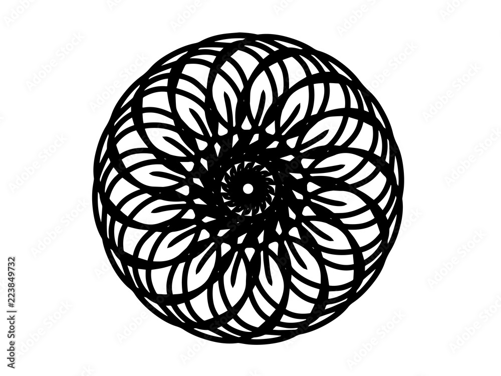 Black vector mandala on white background. Thick outline decor. Round decoration in futuristic style. Black vector mandala on white background. Thick outline decor. Round decoration in futuristic style.