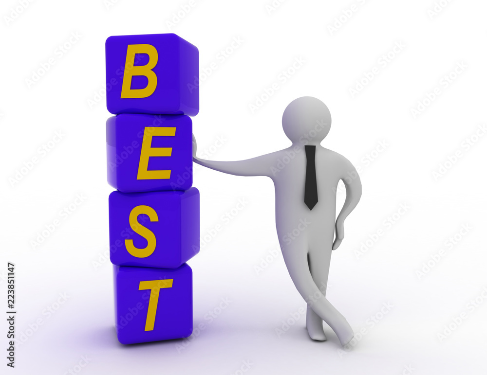 3d rendering of businessman standing with best cubes. 3d white person people man. 3d rendering of businessman standing with best cubes. 3d white person people man.