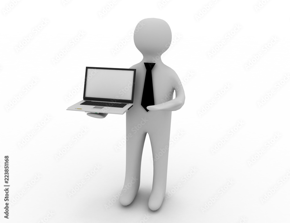 3d white man standing with a laptop 3d white man standing with a laptop