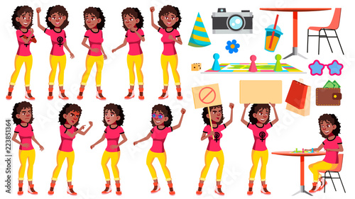 Teen Girl Poses Set Vector. Black. Afro American. Positive Person. For Postcard, Cover, Placard Design. Isolated Cartoon Illustration
