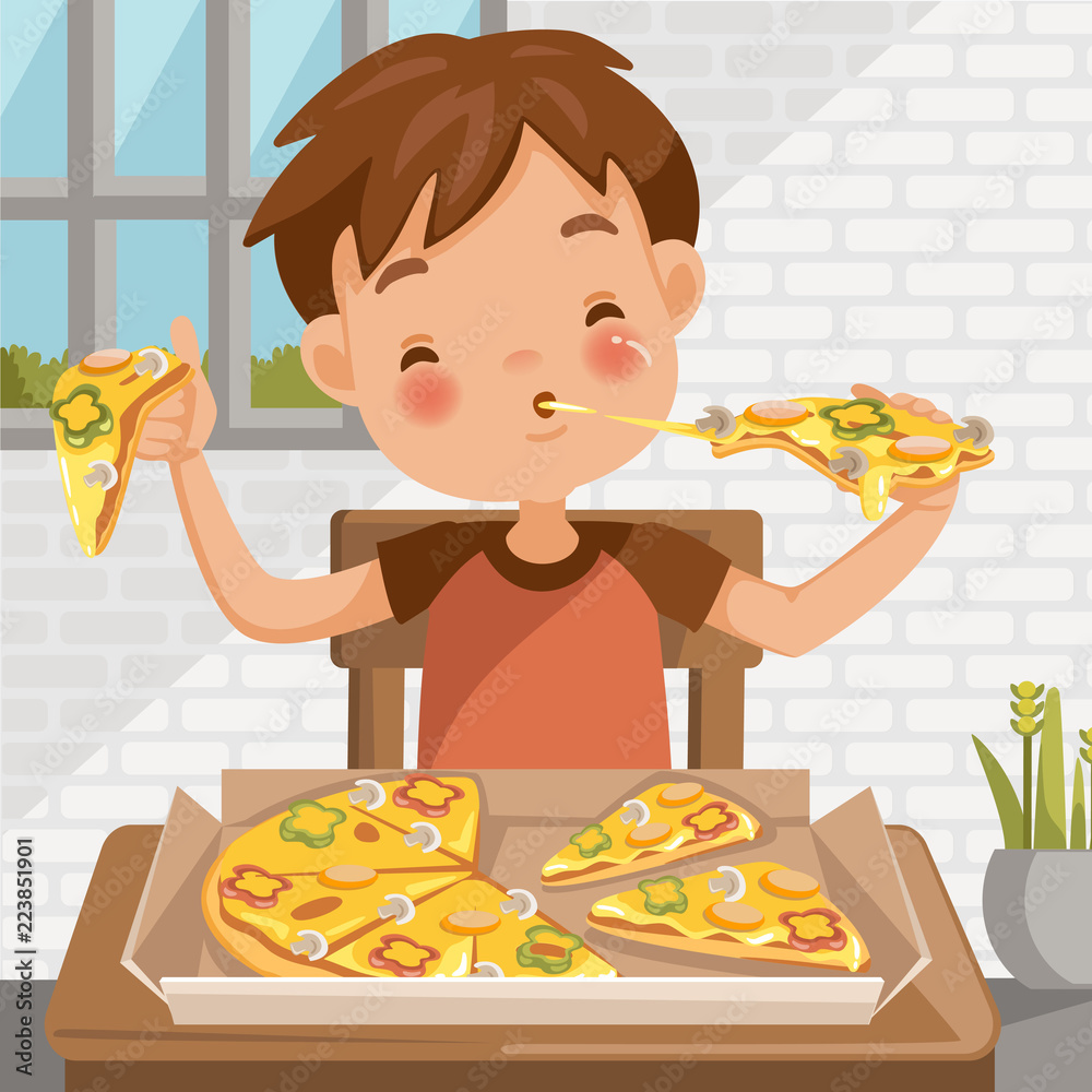 Boy eating pizza. sitting at the table eating luncheon. Delicious food in  Pizza box. at home