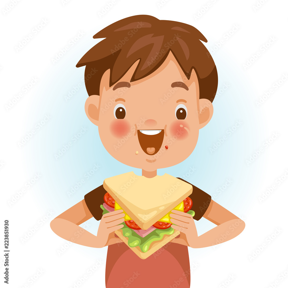 Boy eating sandwich. Emotional mood on the child's face feels good. Delicious and very happy. Good sandwich bites. Cute cartoon in red shirt. Vector illustrations isolated on white background. Boy eating sandwich. Emotional mood on the child's face feels good. Delicious and very happy. Good sandwich bites. Cute cartoon in red shirt. Vector illustrations isolated on white background.