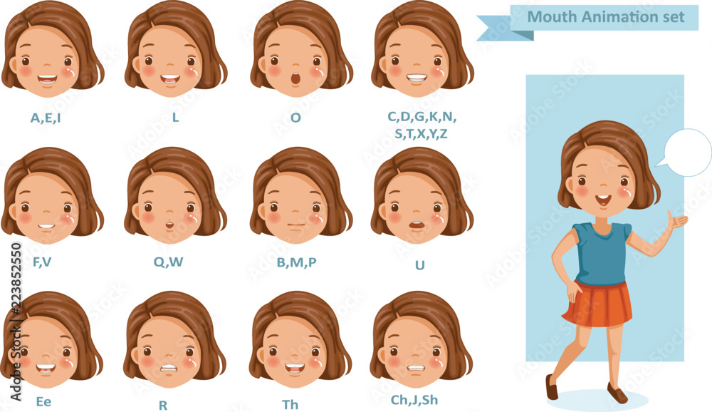 Fototapeta premium Mouth girl animation. lip sync collection for animation. talking mouth. Accent and pronunciation speak. tongue and articulate. Cartoon vector poses illustration isolated white background
