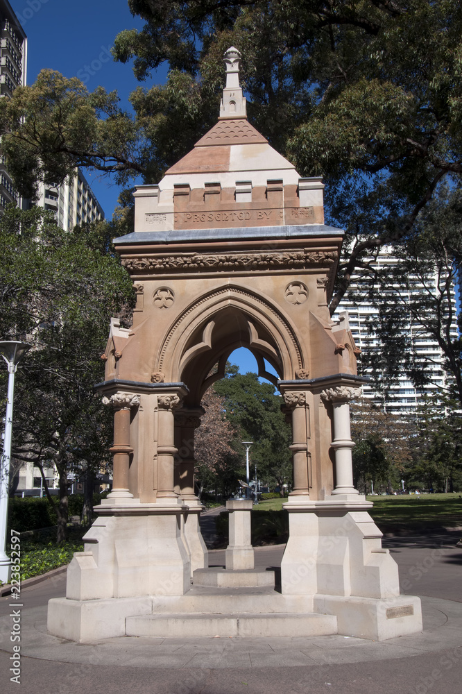 Sydney Australia, ornate 1881 Victorian Gothic sandstone water fountain in Hyde Park