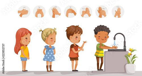 Children are washing. perspective of children standing at the wash basin. at school girls and boys waiting to wash. diagram showing how to clean the right hand. steps to wash hands in a circle.