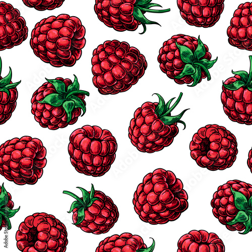Raspberry seamless pattern. Vector drawing. Isolated berry sketc