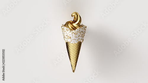 Gold Leaf Ice Cream with Gold Leaf Cone and White Icing with Gold Sprinkles 3d illustration 3d render © paul