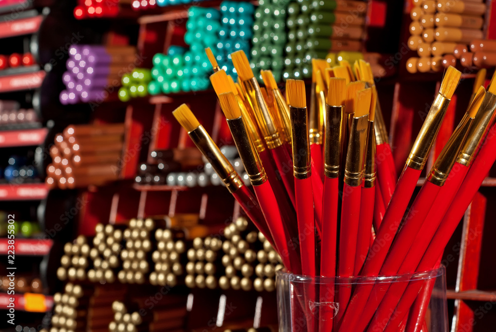 Brushes for drawing on a shelf in a shop