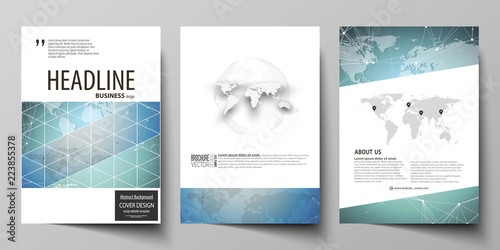 The vector illustration of the editable layout of three A4 format modern covers design templates for brochure, magazine, flyer, booklet. Chemistry pattern, connecting lines and dots. Medical concept.