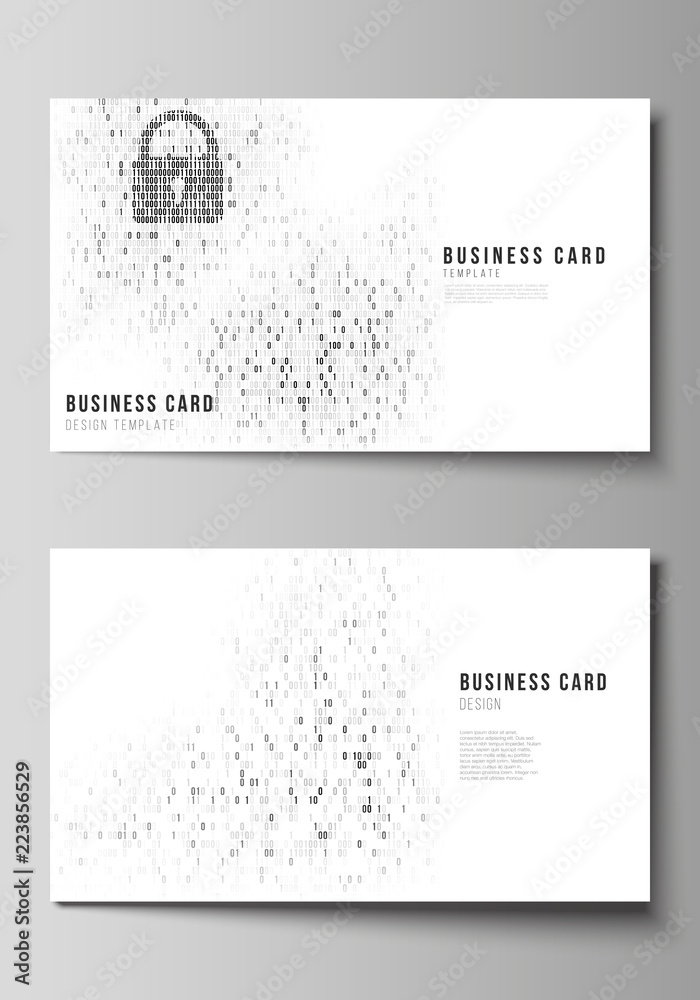 The minimalistic abstract vector layout of two creative business cards design templates. Binary code background. AI, big data, coding or hacker concept, digital technology background.