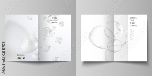 Vector layout of two A4 format cover mockups design templates for bifold brochure, flyer, booklet, report. Spa and healthcare design. Soft color medical consept background with molecules or particles.