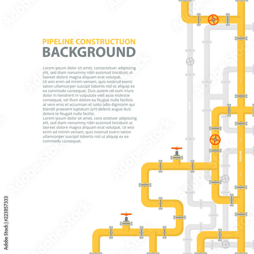 Industrial background with yellow pipeline. Oil, water or gas pipeline with fittings and valves. Vector illustration in a flat style.