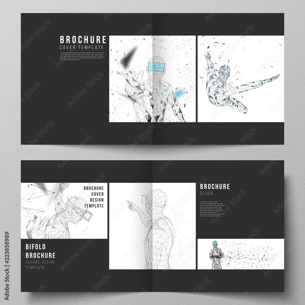 The vector illustration of the editable layout of two covers templates for square design bifold brochure, magazine, flyer. Man with glasses of virtual reality. Abstract vr, future technology concept.