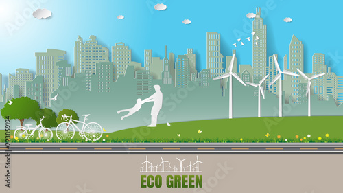 Folding paper art origami style vector illustration. Green sustainable, renewable energy technology power saving environmentally friendly love concepts. Recreation of father and son in the city parks.