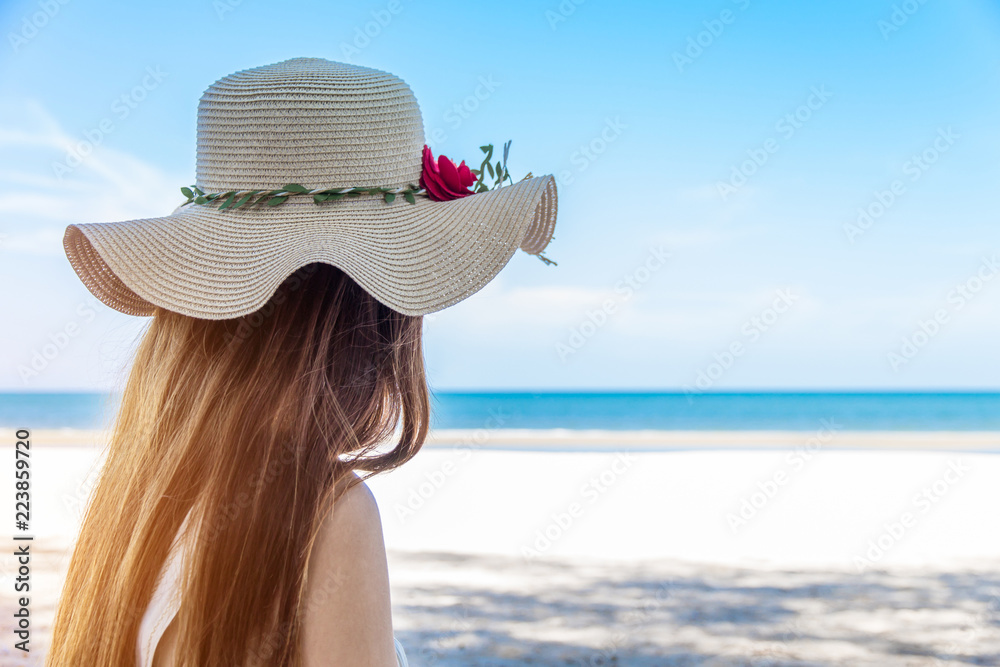 Portrait of beautiful young asian woman summer vacation on beach,Cute teenage girl at sea