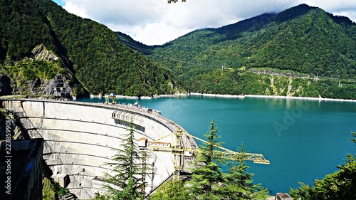 beautiful blue lake on a dam, a hydroelectric power station.