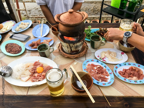 little party with dip pork in the countryside restaurant in Thailand