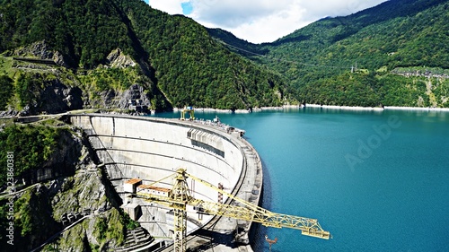 beautiful blue lake on a dam, a hydroelectric power station.