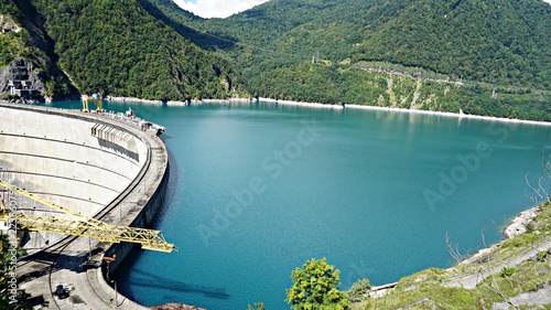 beautiful blue lake on a dam, a hydroelectric power station.